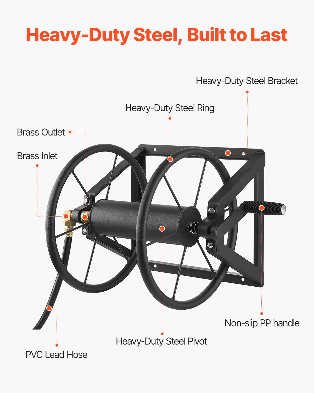 Wall Mounted Garden Hose Reel, Holds 200 ft 5/8-inch, Heavy-Duty Steel R890976