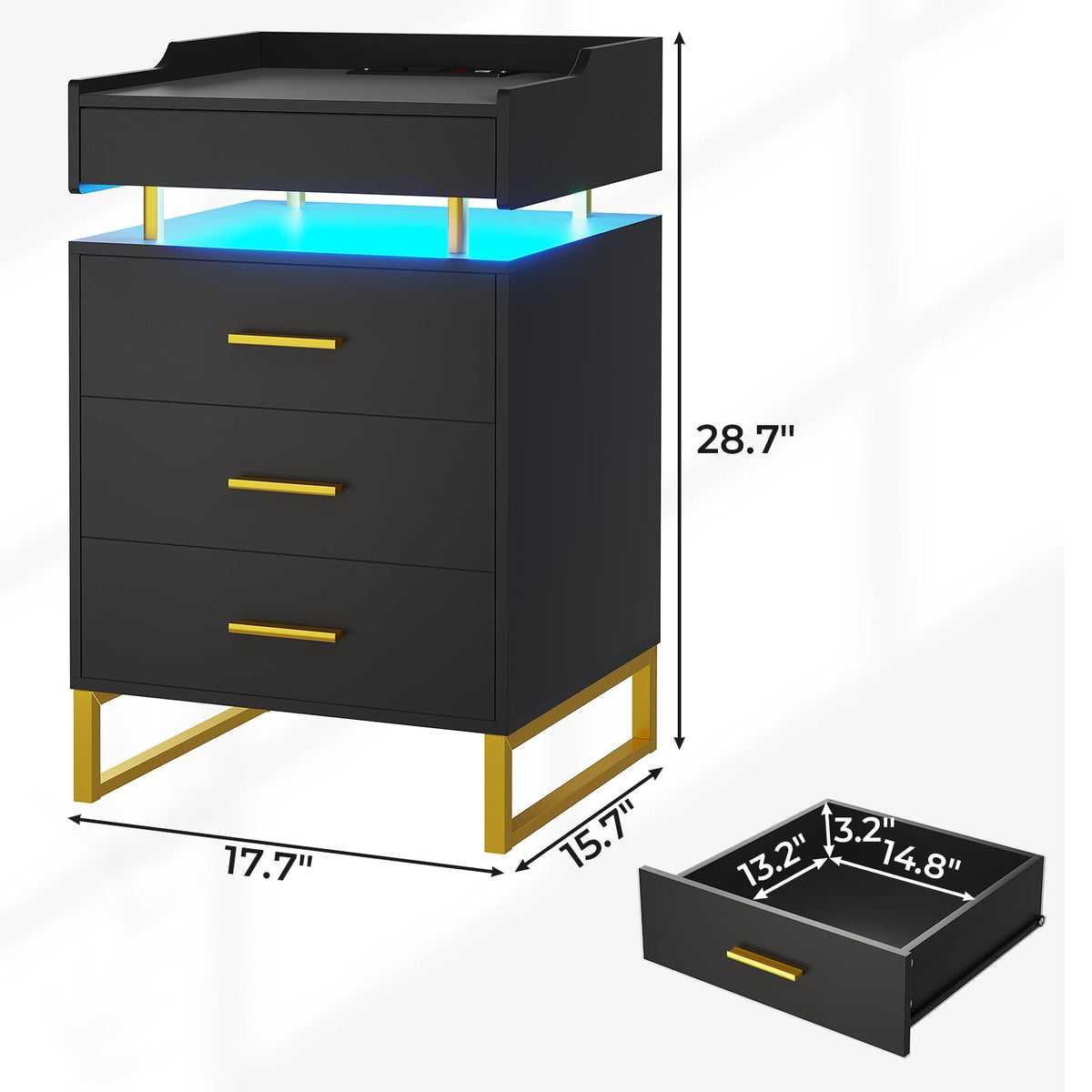Black and Gold LED Nightstand with Charging Station X201463
