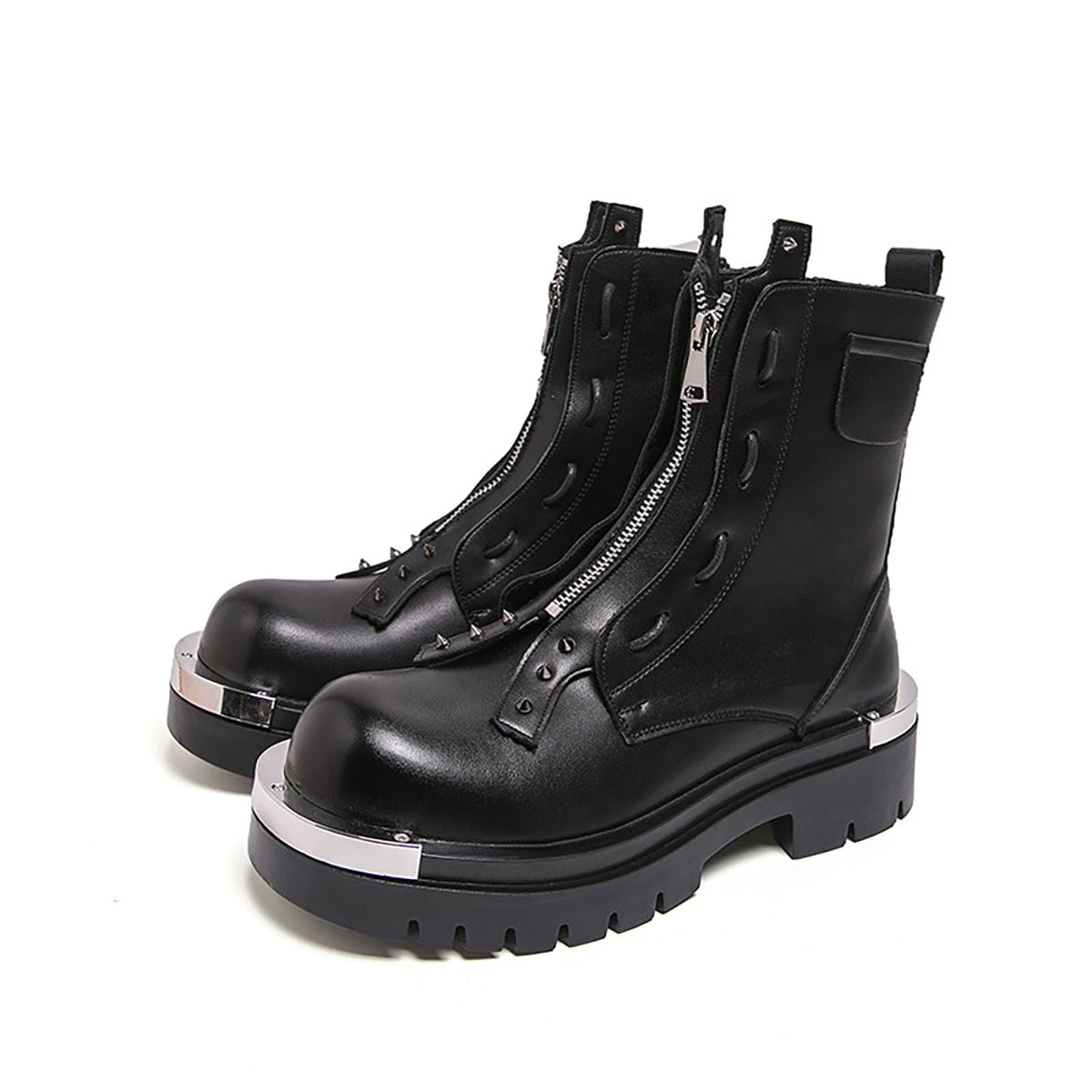 Men'S Leather Chunky Heel Motorcycle Boots With Front Zipper Round Toe Non-Slip Lug Sole Platform Ankle Boots T5547