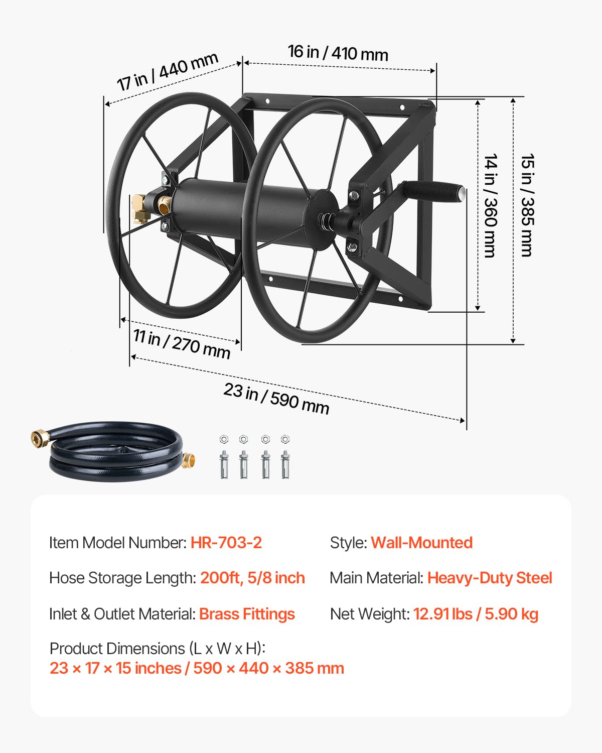 Wall Mounted Garden Hose Reel, Holds 200 ft 5/8-inch, Heavy-Duty Steel R890976