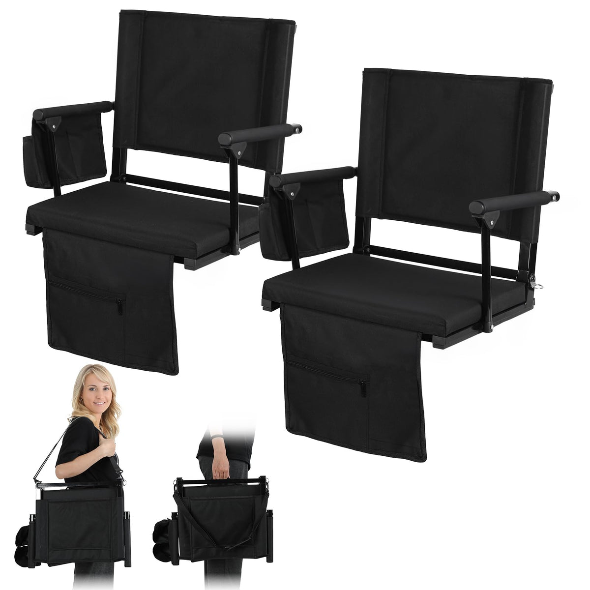2 Pcs Folding Stadium Seat with Back Support and Cushion F5108