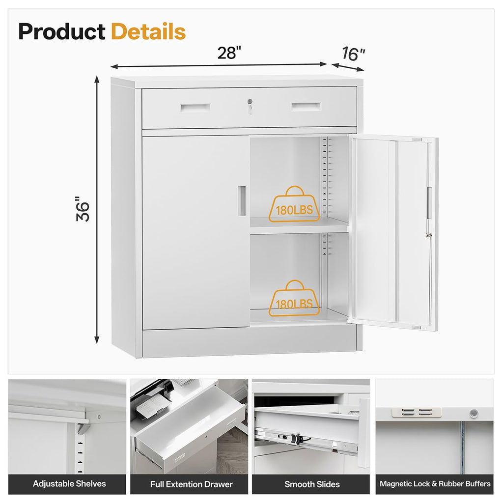 White Steel Lockable Storage Cabinet with Drawer and Adjustable Shelves Z6217