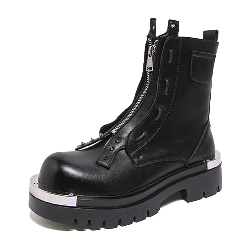 Men'S Leather Chunky Heel Motorcycle Boots With Front Zipper Round Toe Non-Slip Lug Sole Platform Ankle Boots T5547