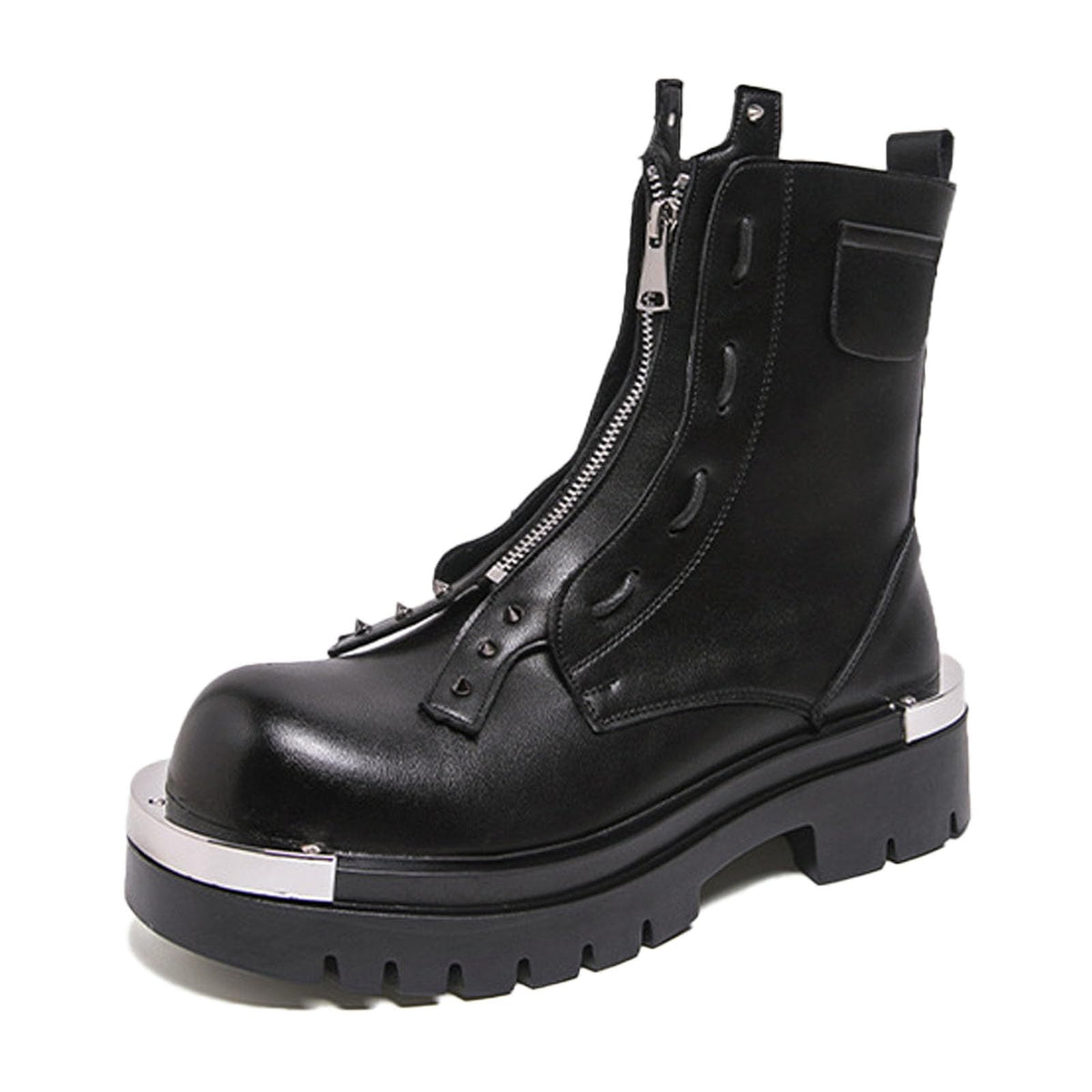 Men'S Leather Chunky Heel Motorcycle Boots With Front Zipper Round Toe Non-Slip Lug Sole Platform Ankle Boots T5547
