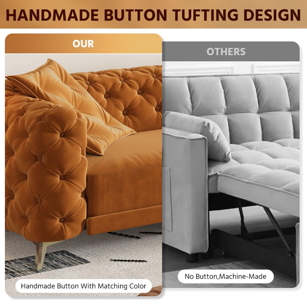 Orange Velvet Convertible Sleeper Sofa with Ottoman O38946