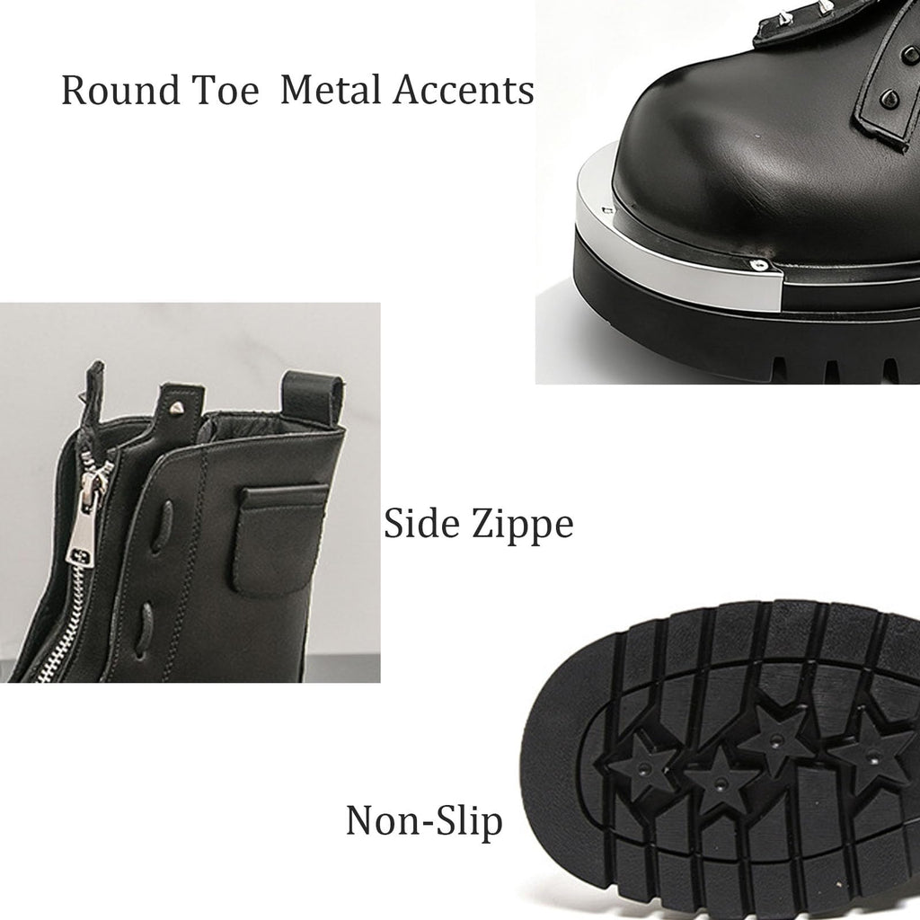 Men'S Leather Chunky Heel Motorcycle Boots With Front Zipper Round Toe Non-Slip Lug Sole Platform Ankle Boots T5547