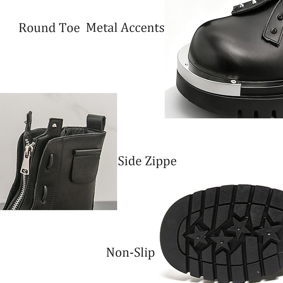 Men'S Leather Chunky Heel Motorcycle Boots With Front Zipper Round Toe Non-Slip Lug Sole Platform Ankle Boots T5547