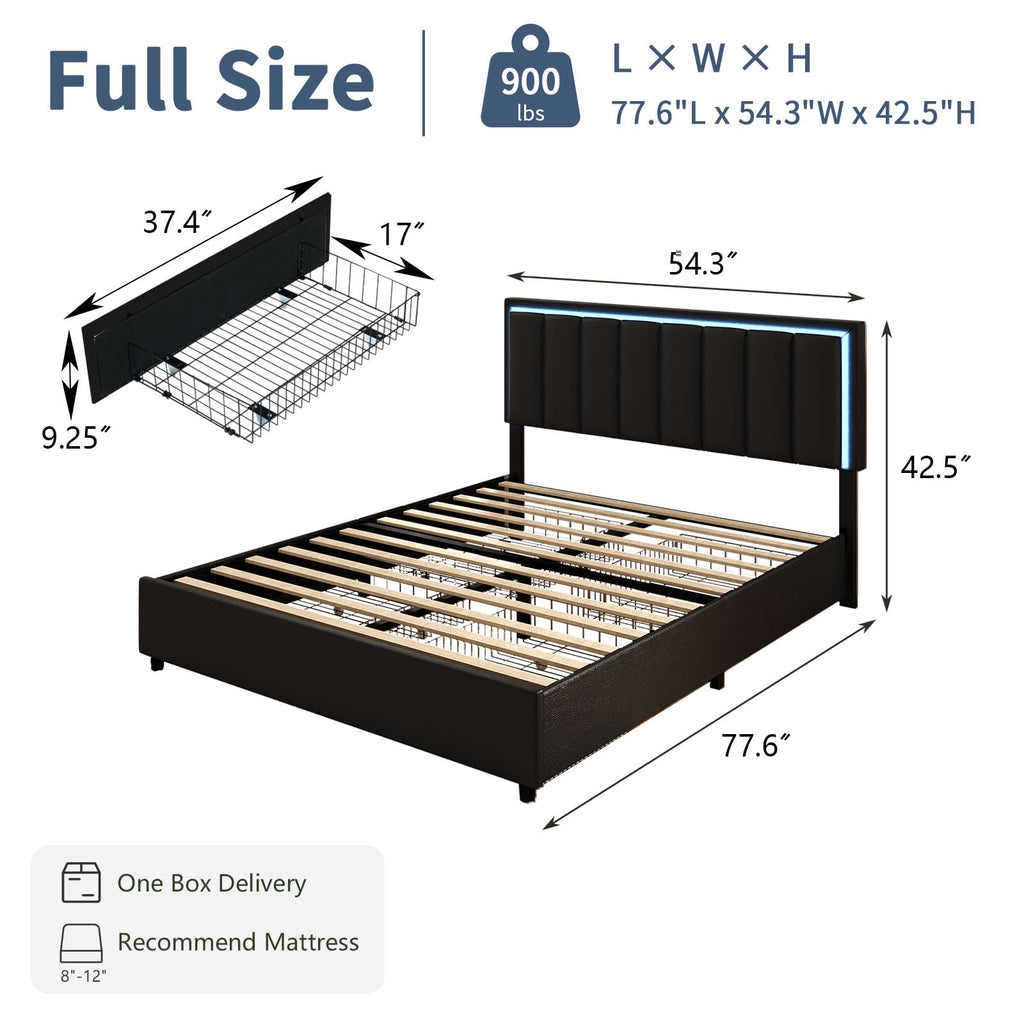 Black Full Size Upholstered Bed Frame with 4 Drawers and LED Lights N4978