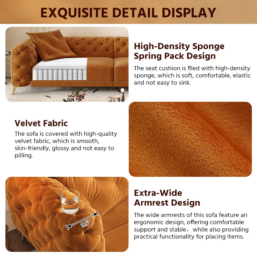 Orange Velvet Convertible Sleeper Sofa with Ottoman O38946