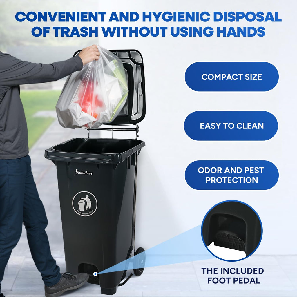 32 Gallon Plastic Trash Can with Wheels and Lid Q57624