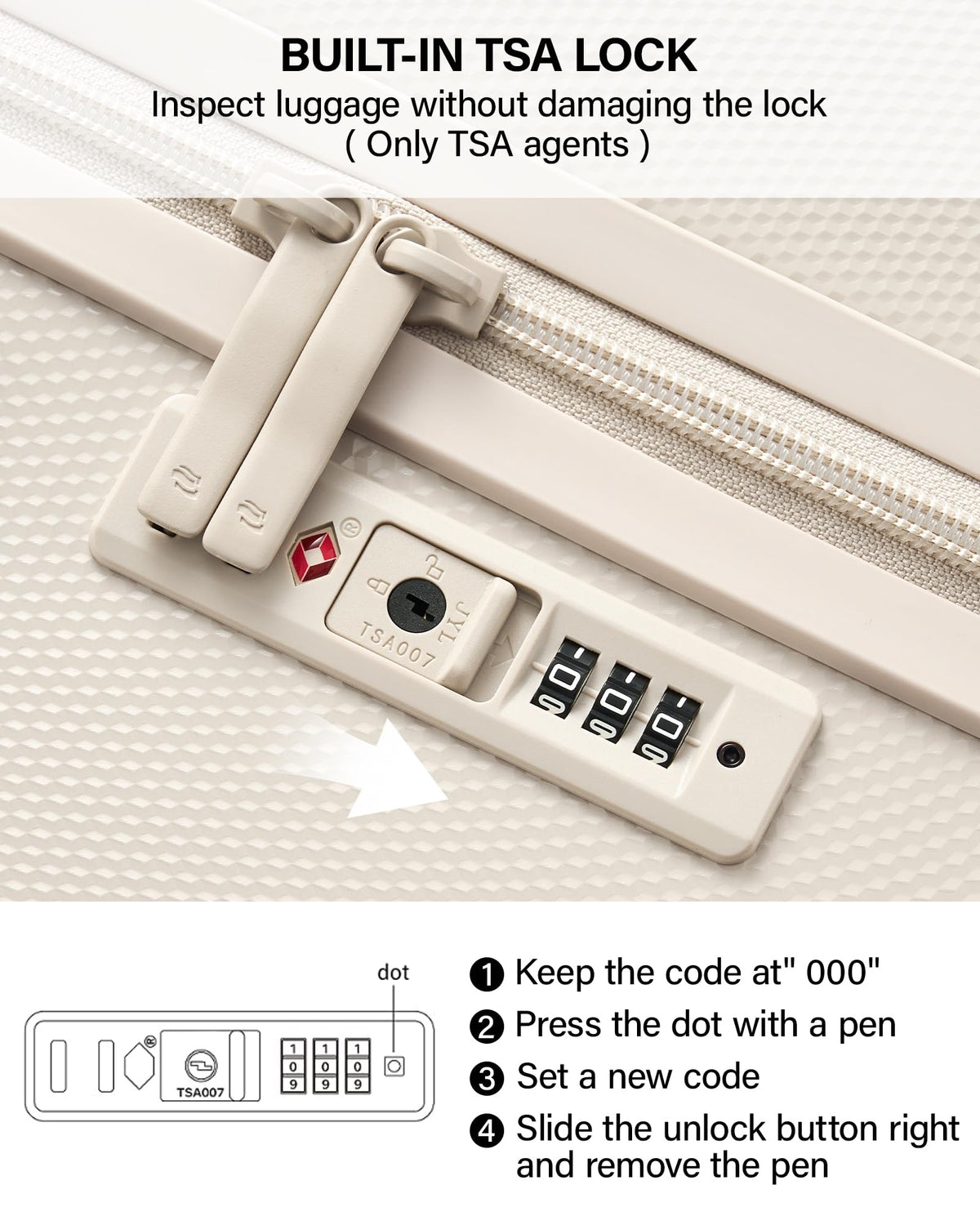 20 Inch PC Hard Shell Carry On Luggage with Wheels, TSA Lock, Ivory White C65190
