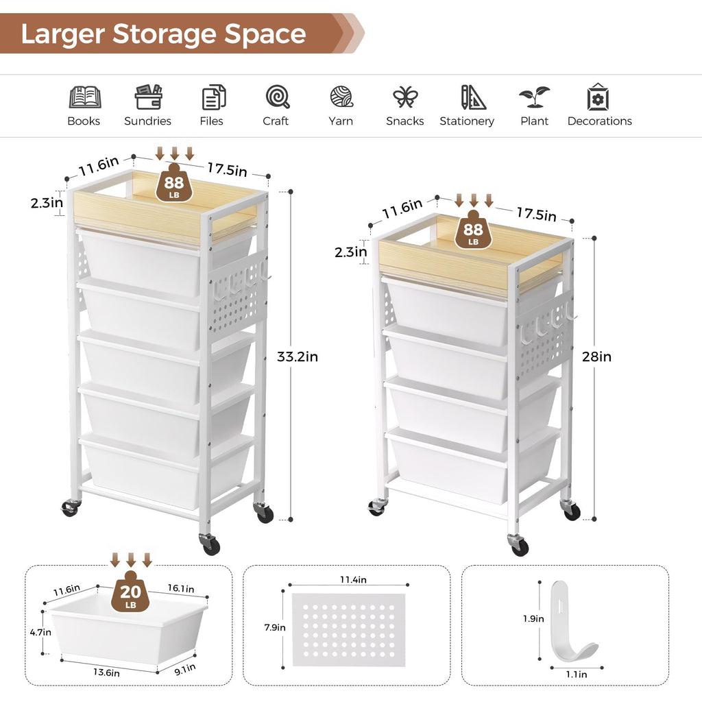 5 Tier Rolling Cart with Drawers, White M2221