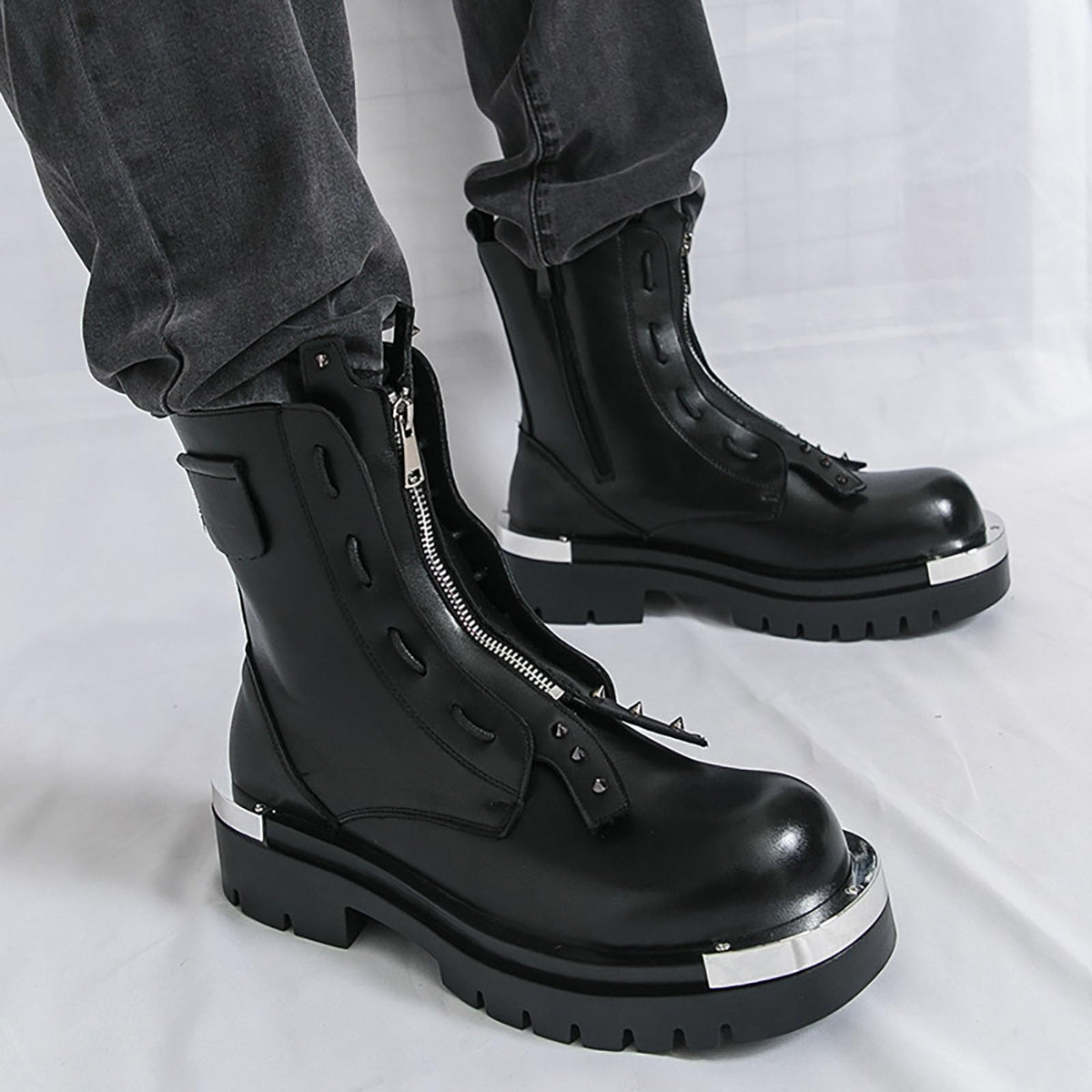 Men'S Leather Chunky Heel Motorcycle Boots With Front Zipper Round Toe Non-Slip Lug Sole Platform Ankle Boots T5547
