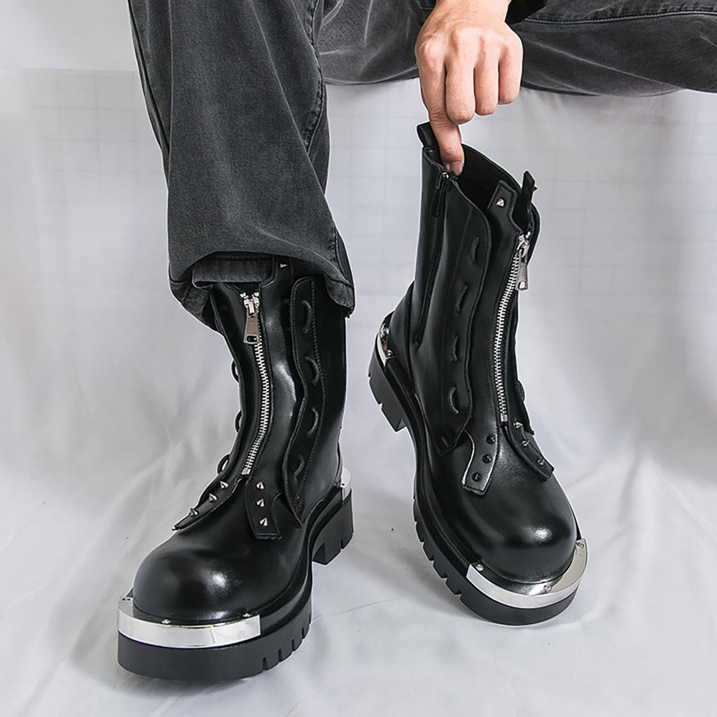 Men'S Leather Chunky Heel Motorcycle Boots With Front Zipper Round Toe Non-Slip Lug Sole Platform Ankle Boots T5547