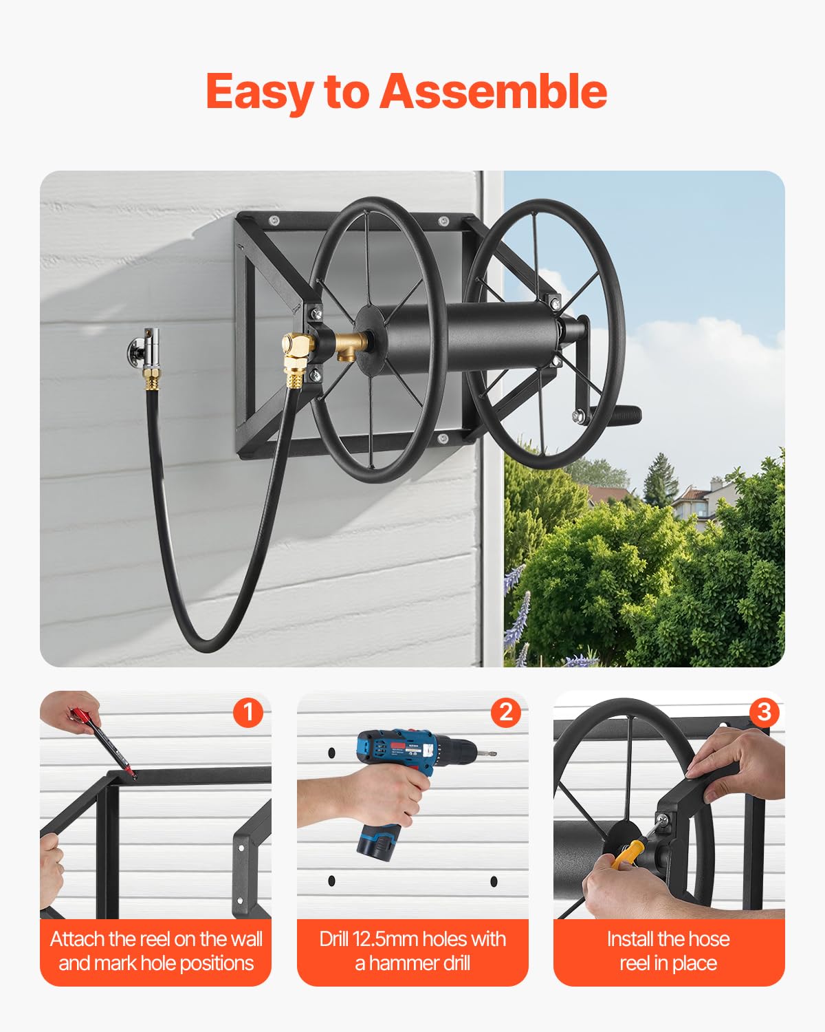 Wall Mounted Garden Hose Reel, Holds 200 ft 5/8-inch, Heavy-Duty Steel R890976