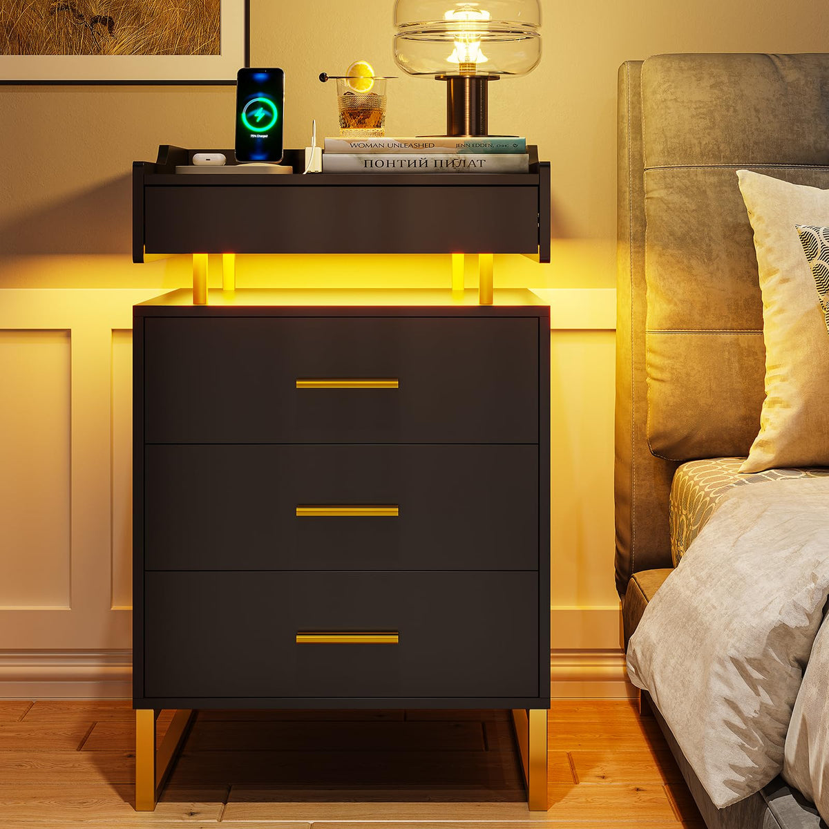Black and Gold LED Nightstand with Charging Station X201463