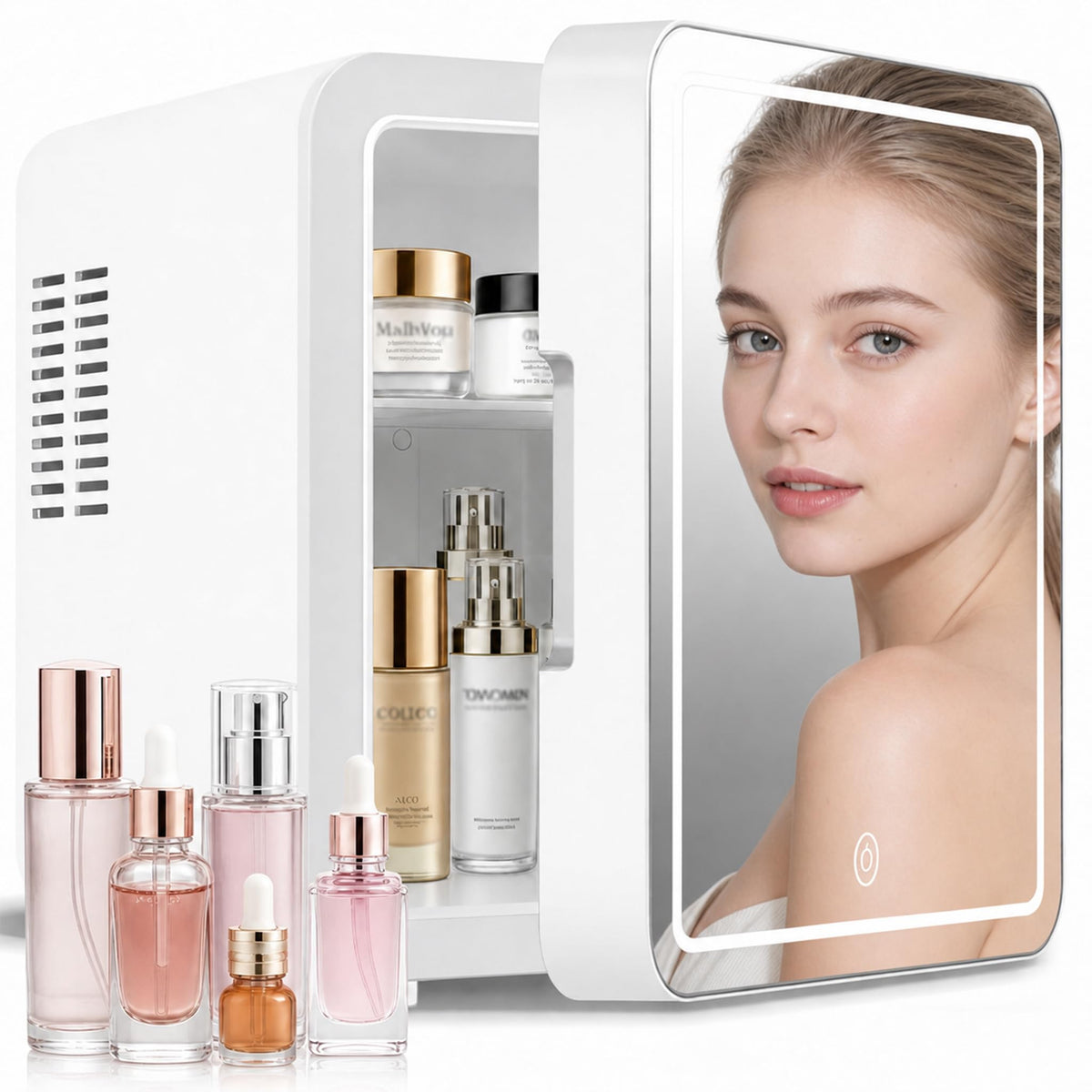 4L Portable Mini Skincare Refrigerator with Dimmable LED Mirror A140531