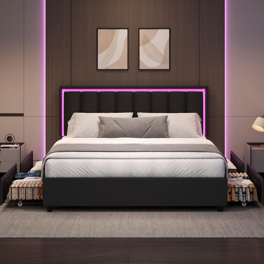 Black Full Size Upholstered Bed Frame with 4 Drawers and LED Lights N4978