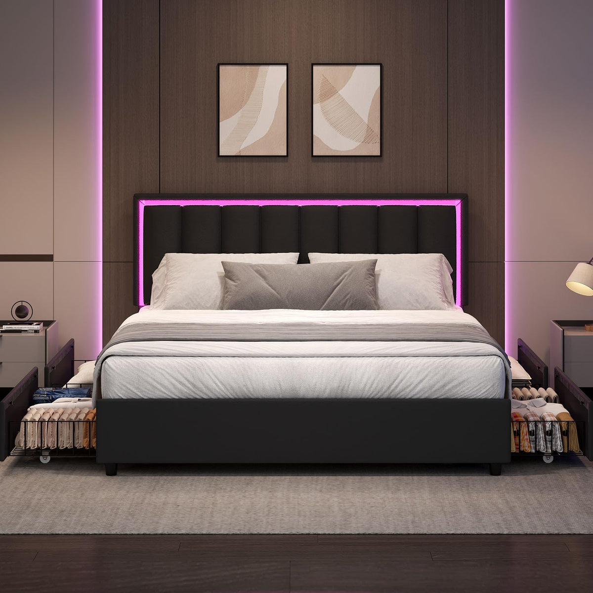 Black Full Size Upholstered Bed Frame with 4 Drawers and LED Lights N4978