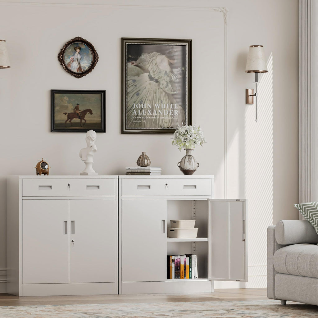 White Steel Lockable Storage Cabinet with Drawer and Adjustable Shelves Z6217