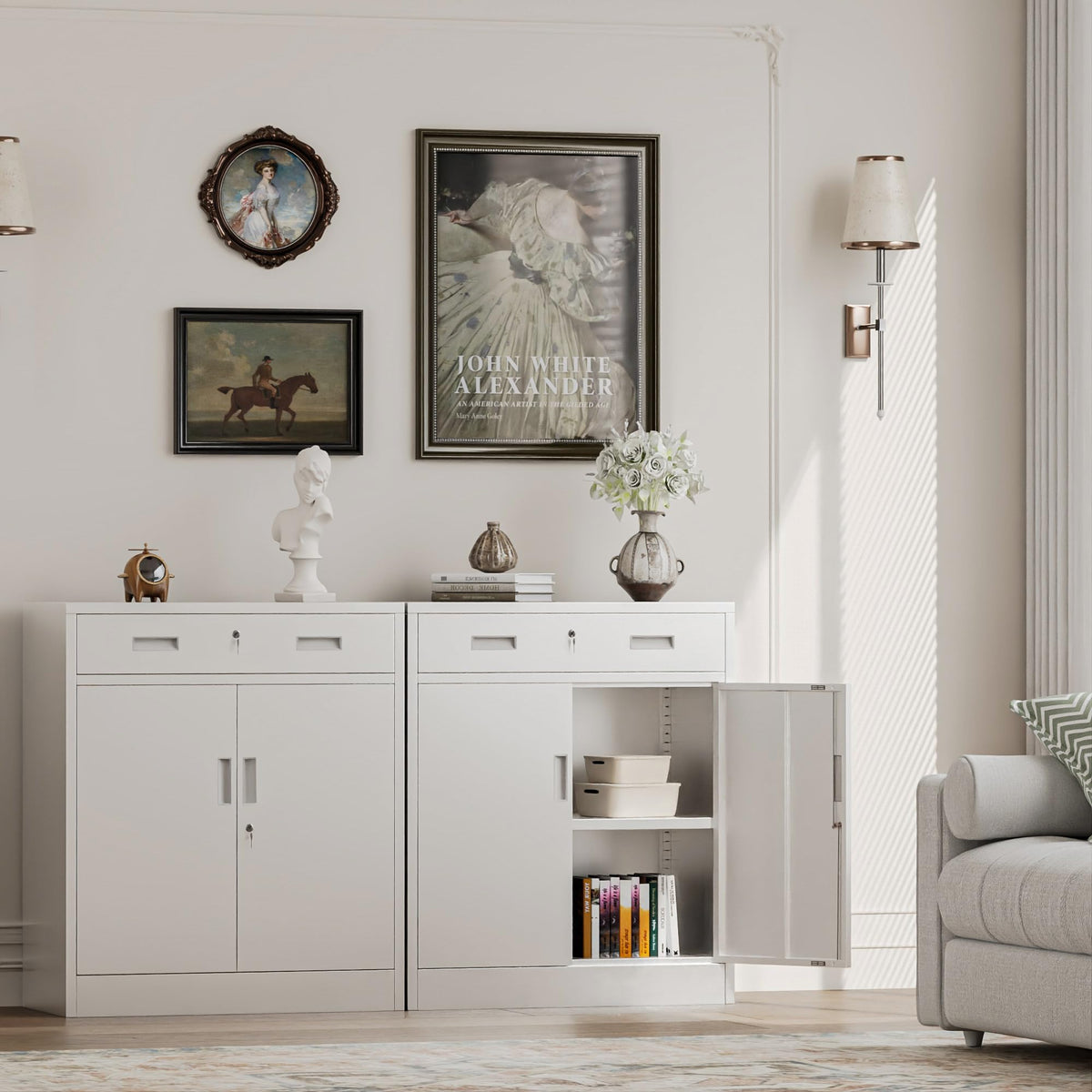 White Steel Lockable Storage Cabinet with Drawer and Adjustable Shelves Z6217