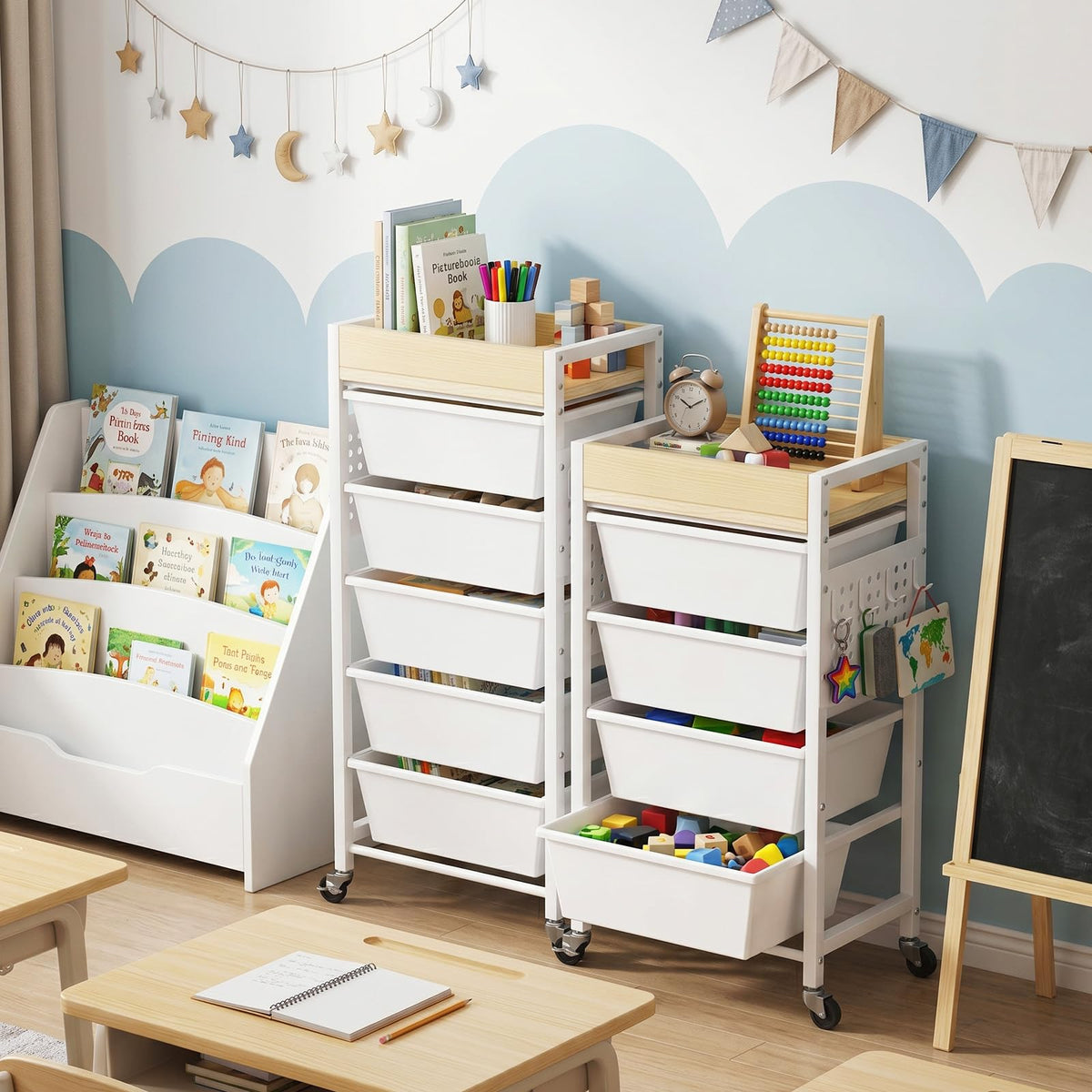 5 Tier Rolling Cart with Drawers, White M2221