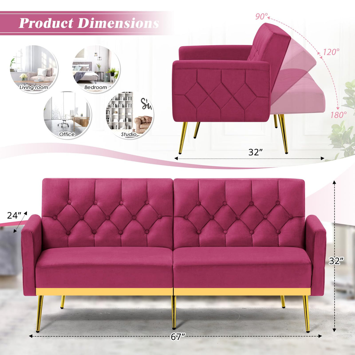 Velvet Sofa Bed with Adjustable Armrests & Backrests M608