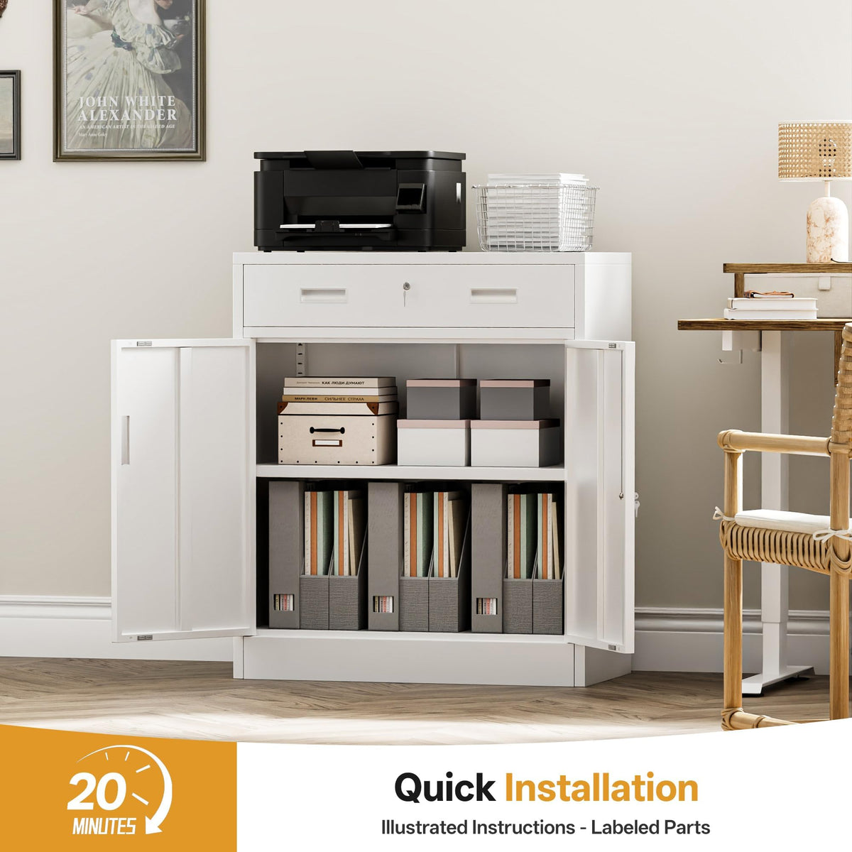 White Steel Lockable Storage Cabinet with Drawer and Adjustable Shelves Z6217
