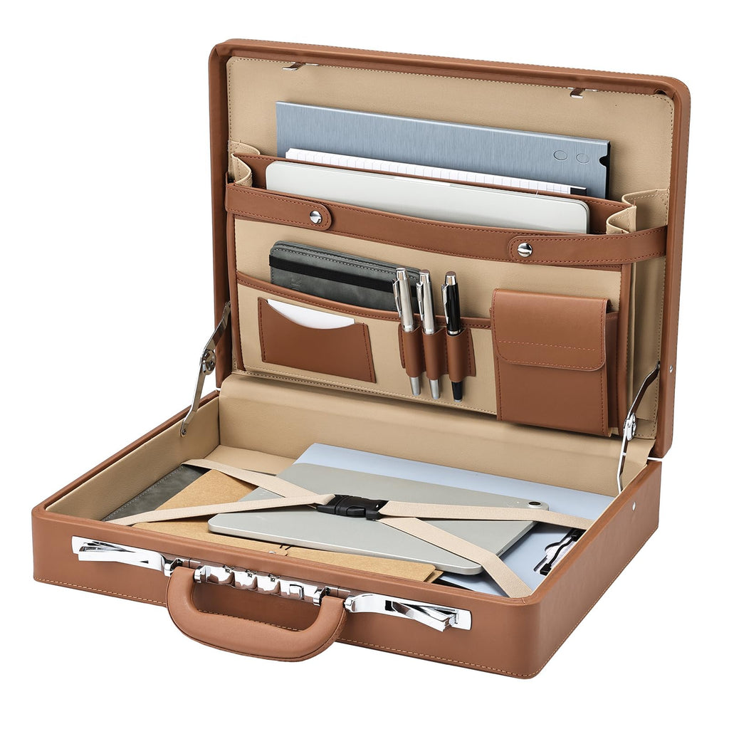 Brown Leather Briefcase with Lock for 16 Inch Laptop X516