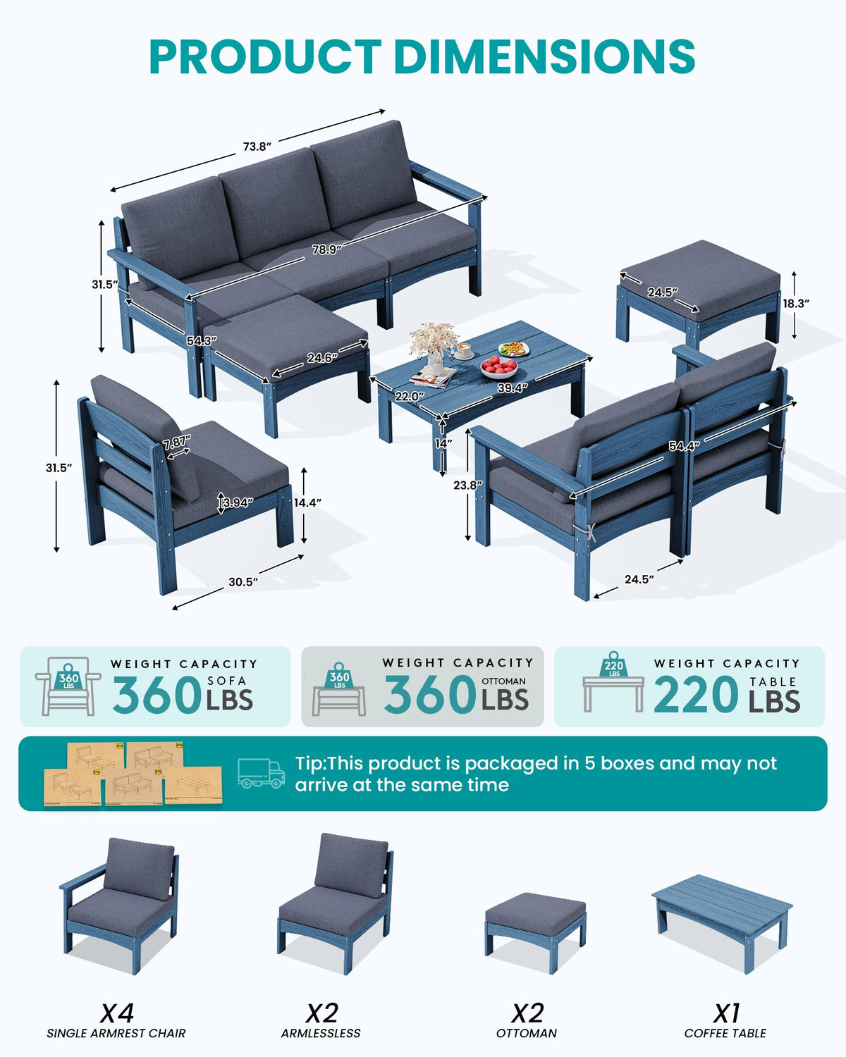 9 Pieces Blue Outdoor Sectional Sofa Set N2000