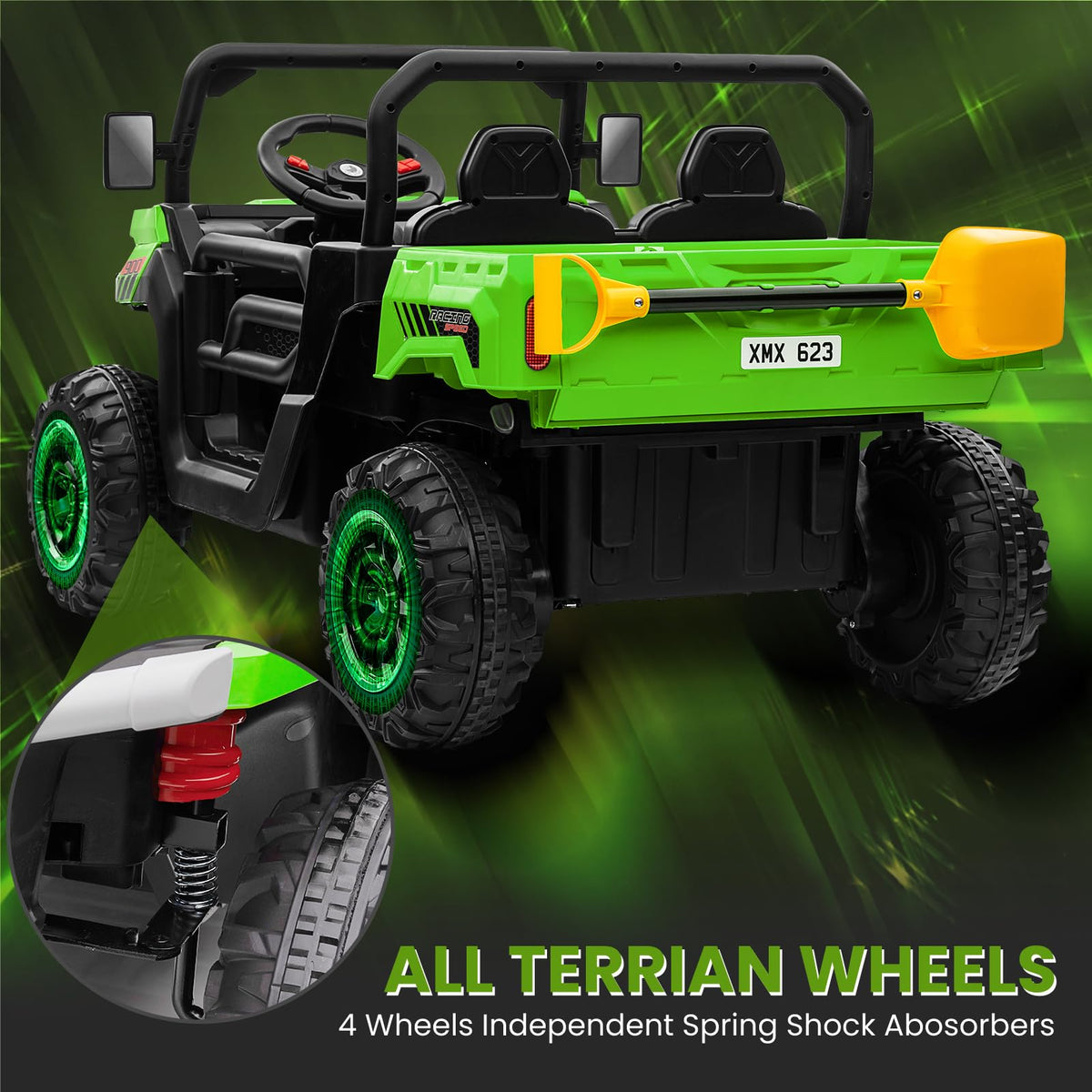 24V 4WD Ride on Truck Car with Dump Bed, 2 Seaters, Remote Control, Green N6770