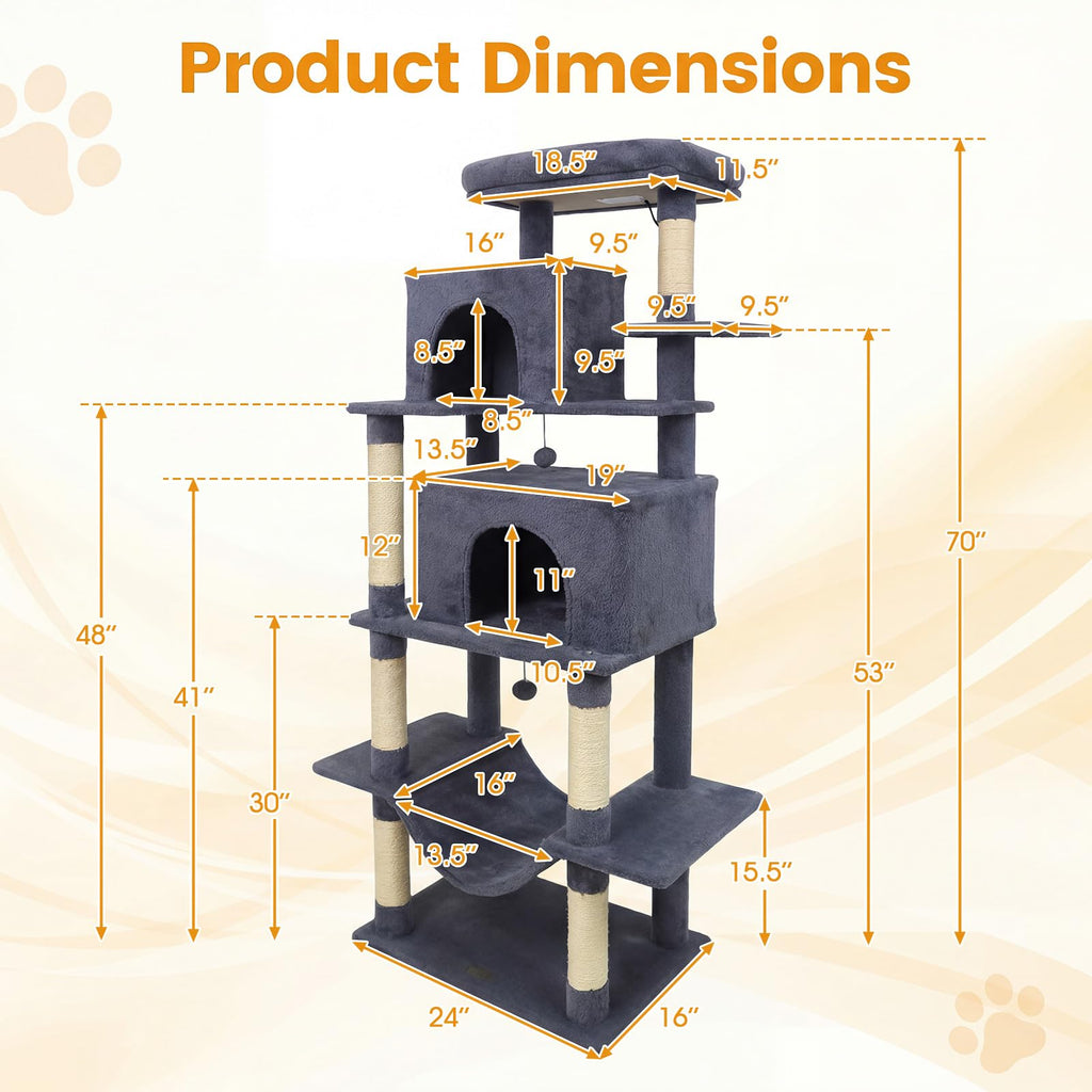70-inch Multi-Level Cat Tree with Condos and Hammock K8668