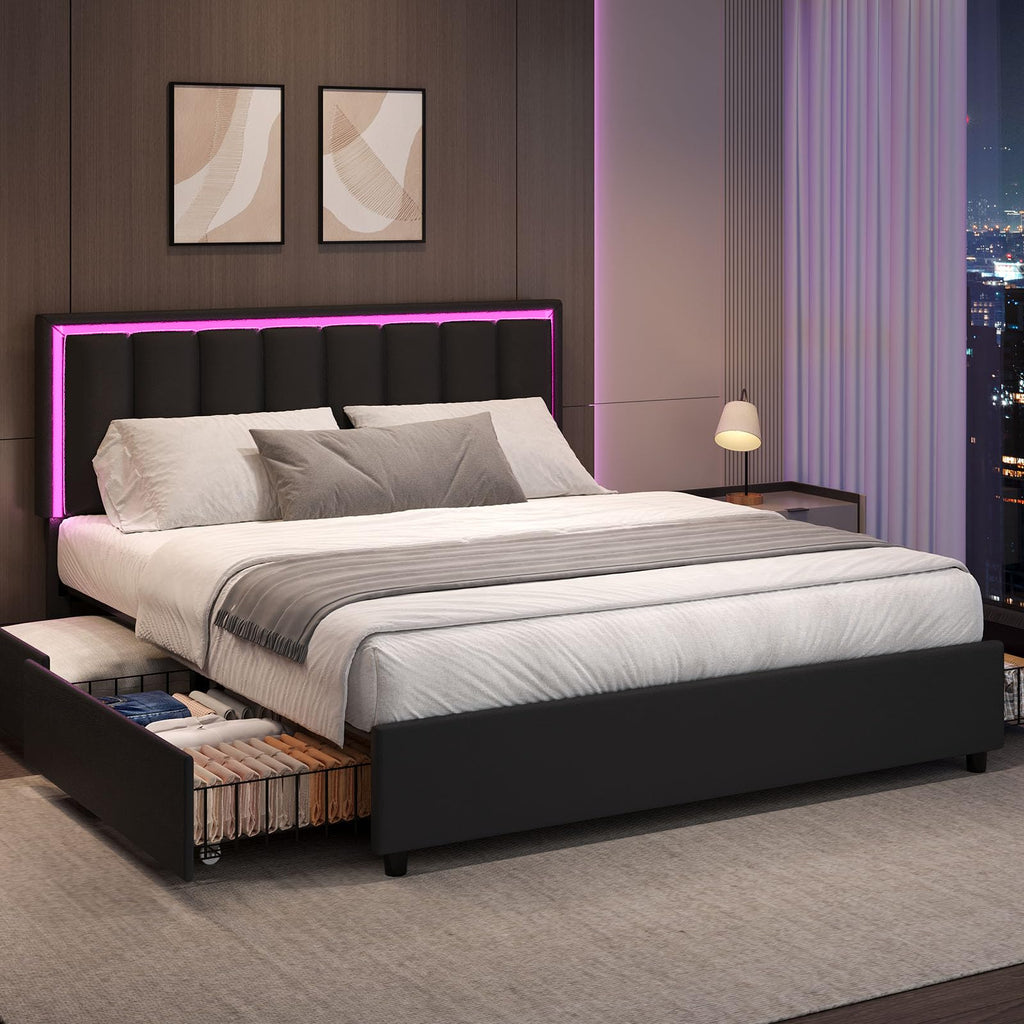Black Full Size Upholstered Bed Frame with 4 Drawers and LED Lights N4978