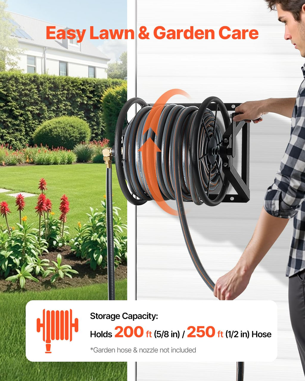 Wall Mounted Garden Hose Reel, Holds 200 ft 5/8-inch, Heavy-Duty Steel R890976