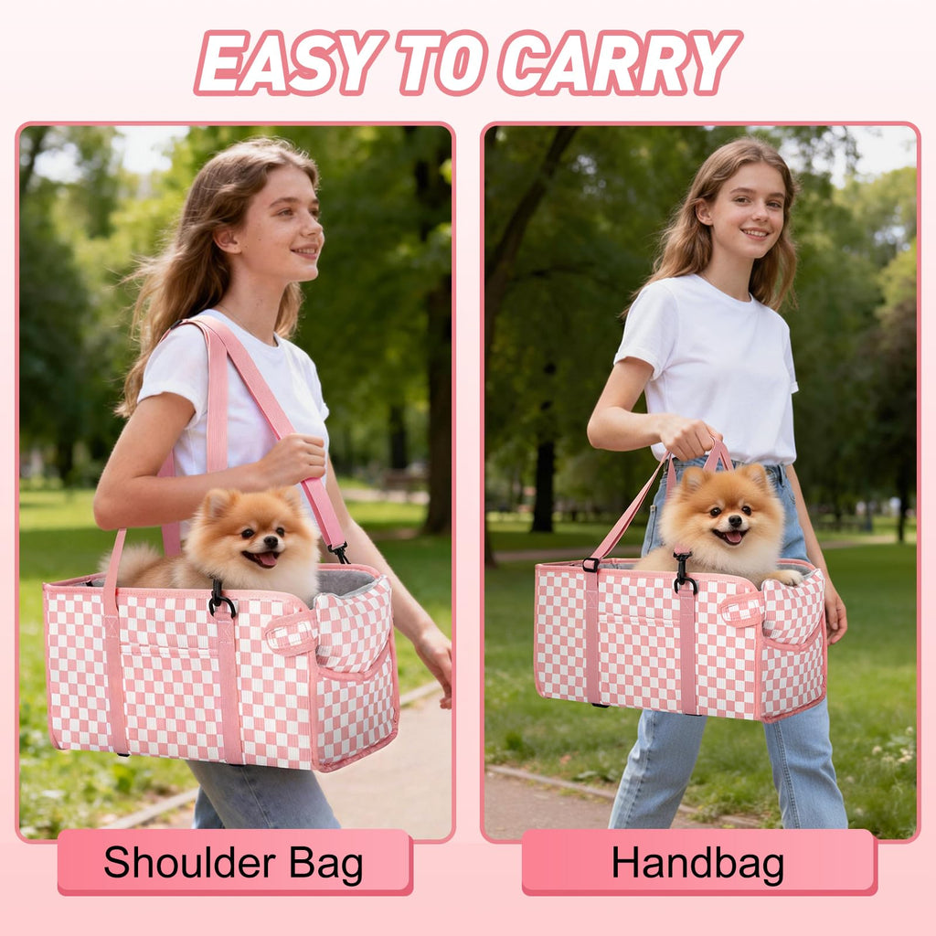 Pink Checkered Foldable Dog Car Seat L7134