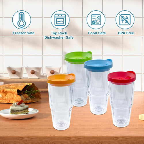20 oz 4 Pack Double Wall Clear Acrylic Tumbler Cups with Lids V36779