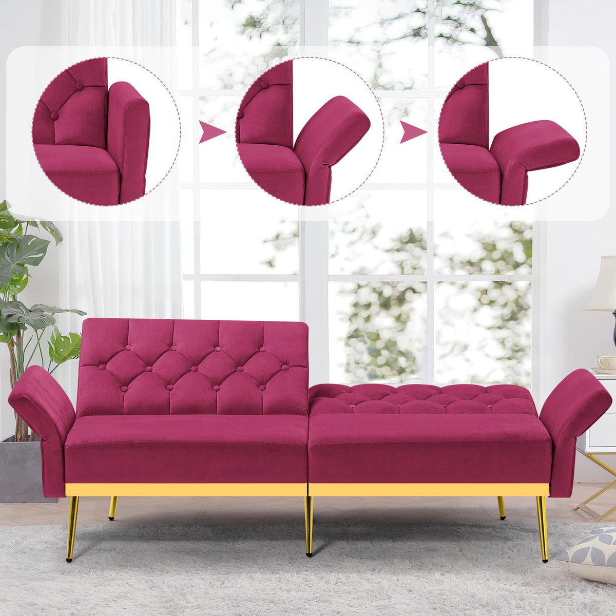 Velvet Sofa Bed with Adjustable Armrests & Backrests M608