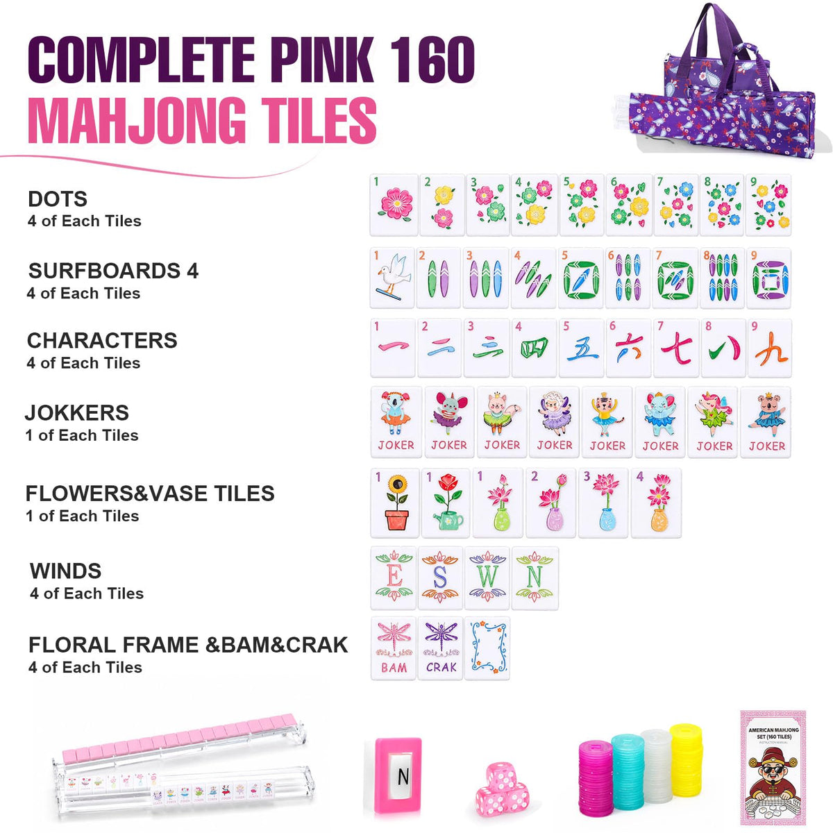 160 Mahjong Tiles with Non-Slip Mat and 4 Racks Mahjong Set X384