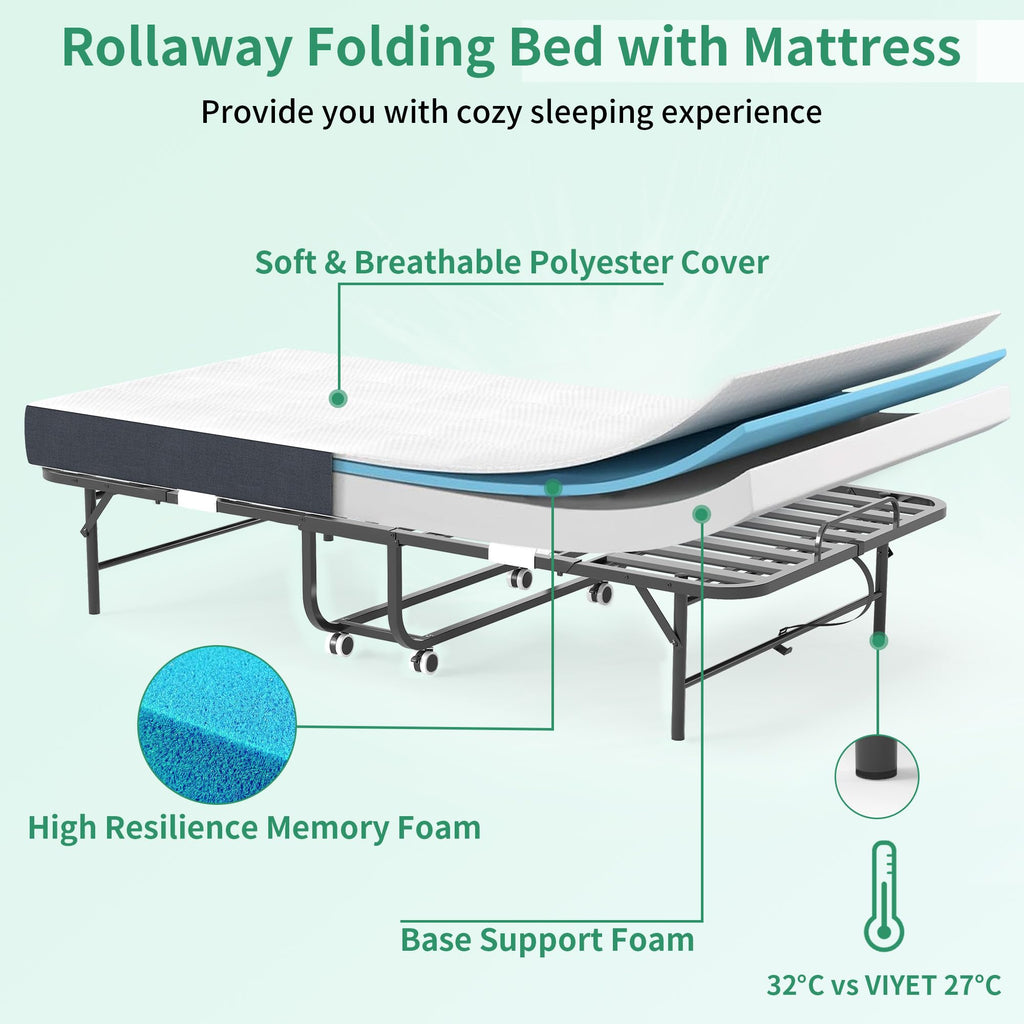Folding Bed with Mattress, 5-Inch Memory Foam, 500lbs Capacity, Metal Frame, Adjustable Headboard S705511