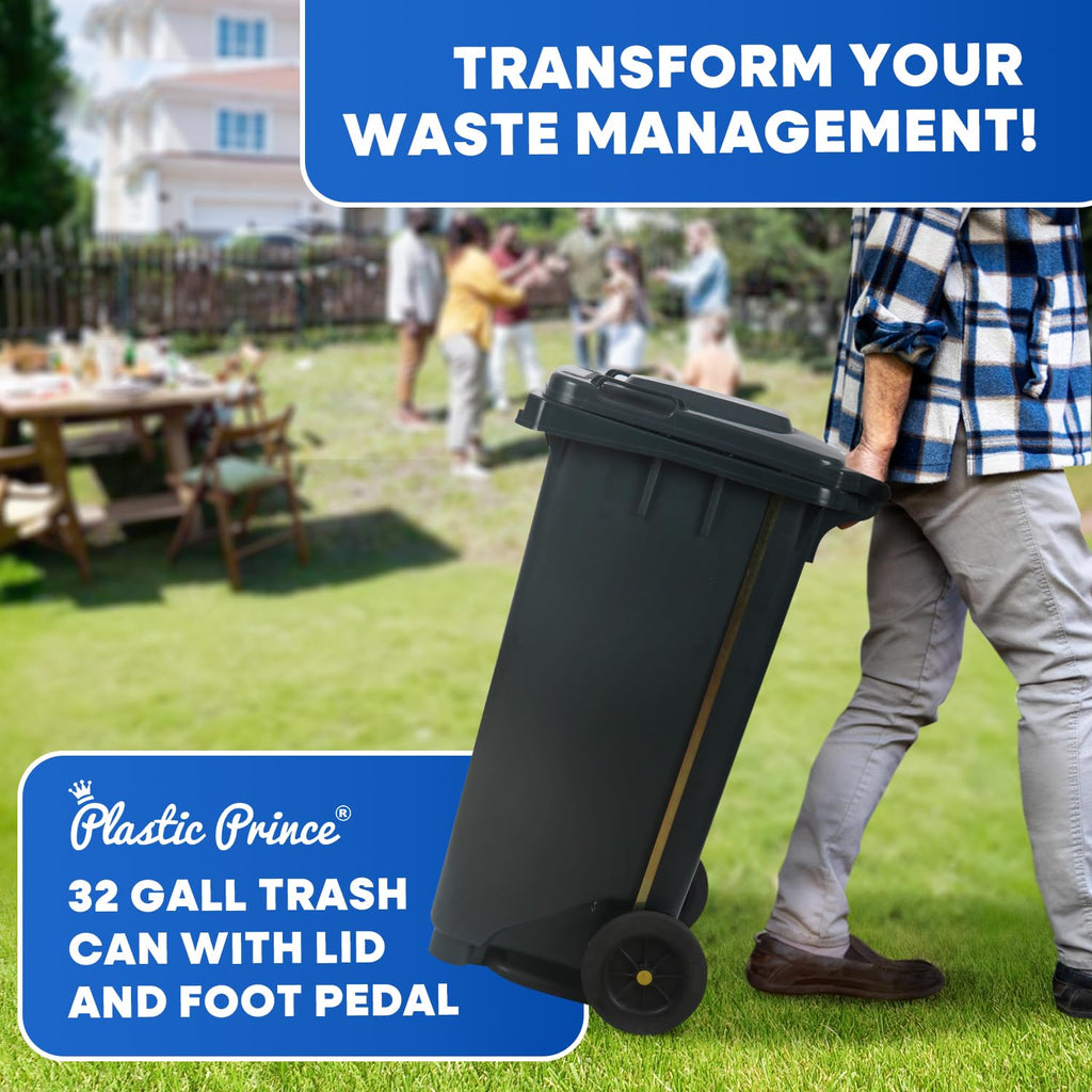 32 Gallon Plastic Trash Can with Wheels and Lid Q57624