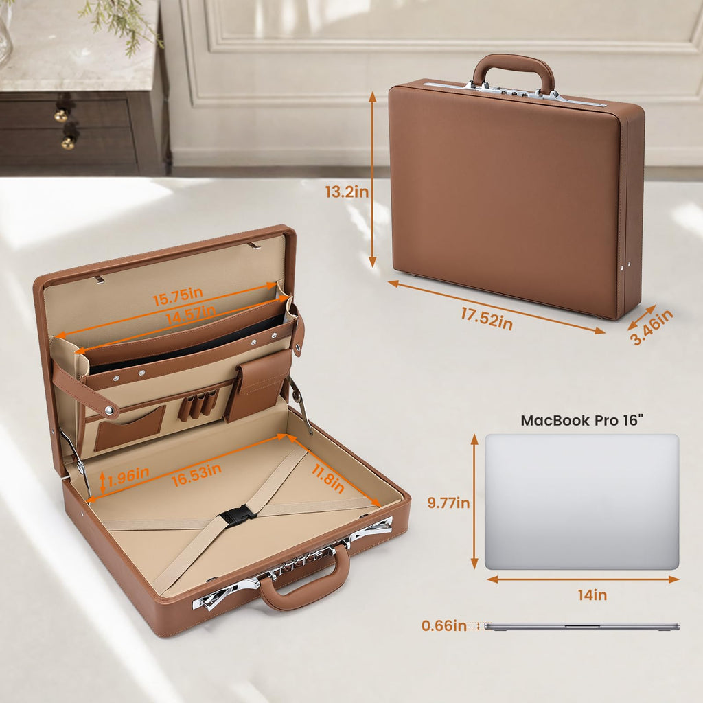 Brown Leather Briefcase with Lock for 16 Inch Laptop X516