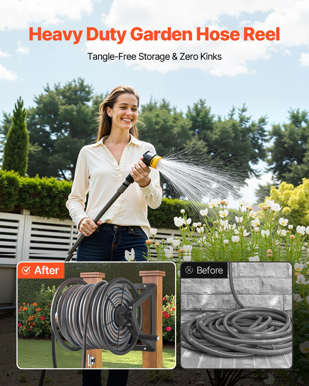Wall Mounted Garden Hose Reel, Holds 200 ft 5/8-inch, Heavy-Duty Steel R890976