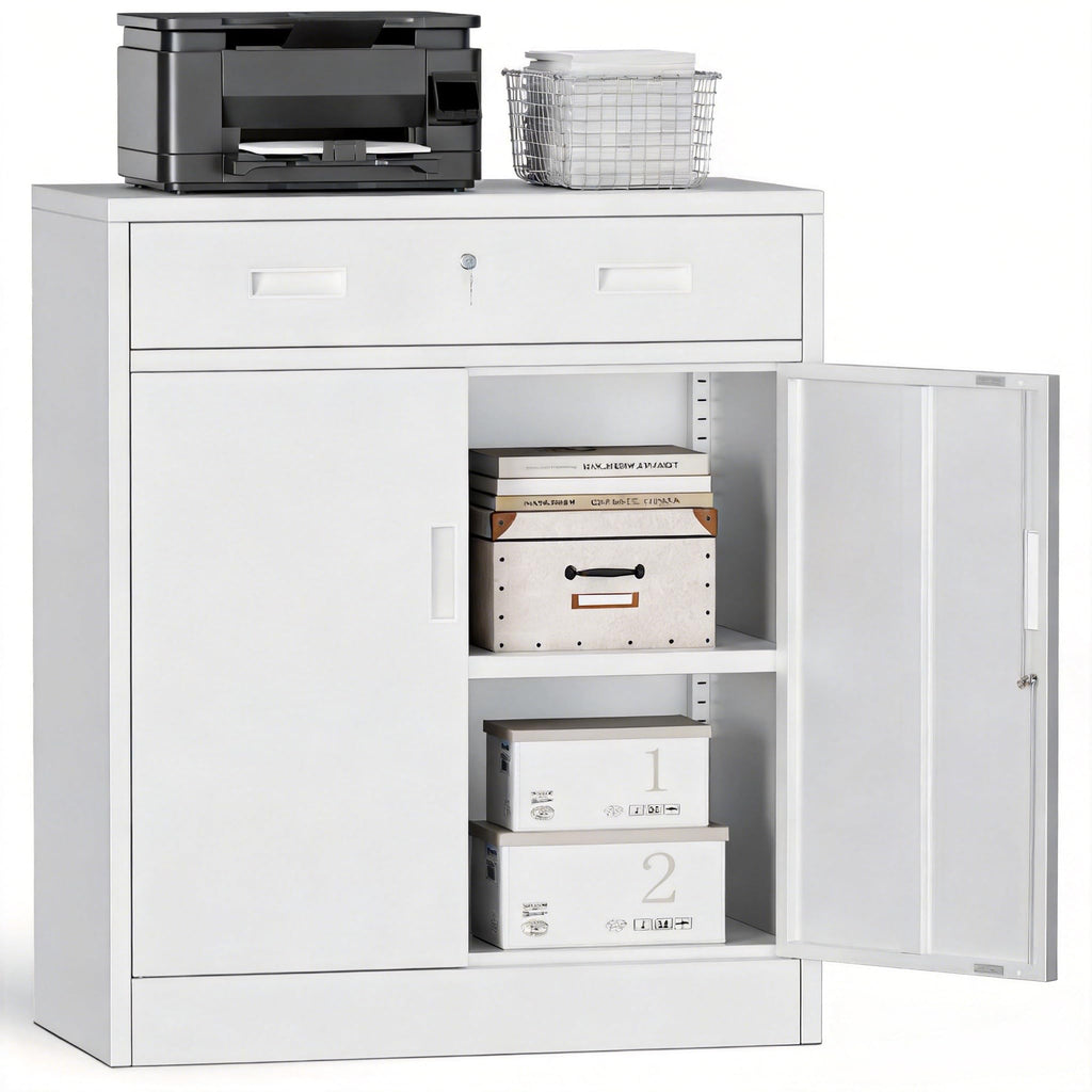White Steel Lockable Storage Cabinet with Drawer and Adjustable Shelves Z6217