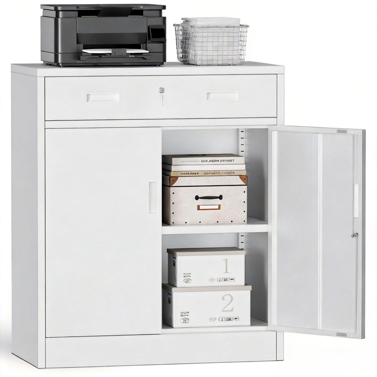 White Steel Lockable Storage Cabinet with Drawer and Adjustable Shelves Z6217
