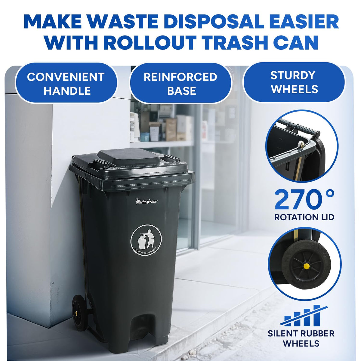 32 Gallon Plastic Trash Can with Wheels and Lid Q57624