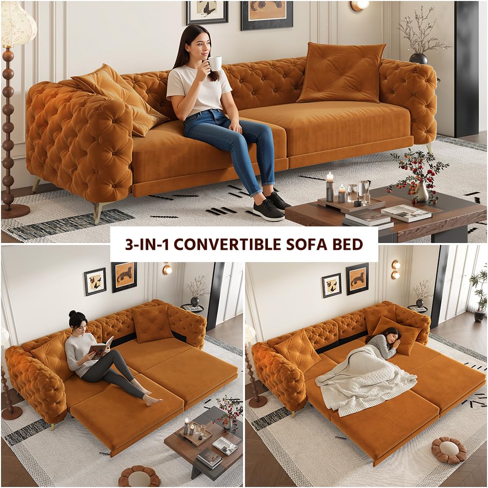 Orange Velvet Convertible Sleeper Sofa with Ottoman O38946