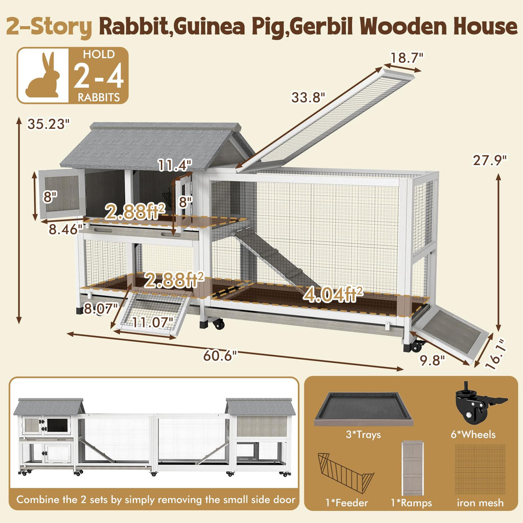 2-Story Wooden Rabbit Hutch with 3 Removable Trays K788719