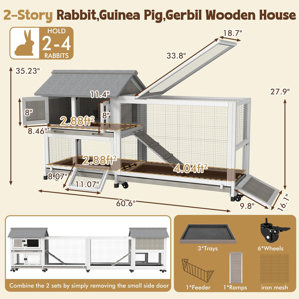 2-Story Wooden Rabbit Hutch with 3 Removable Trays K788719