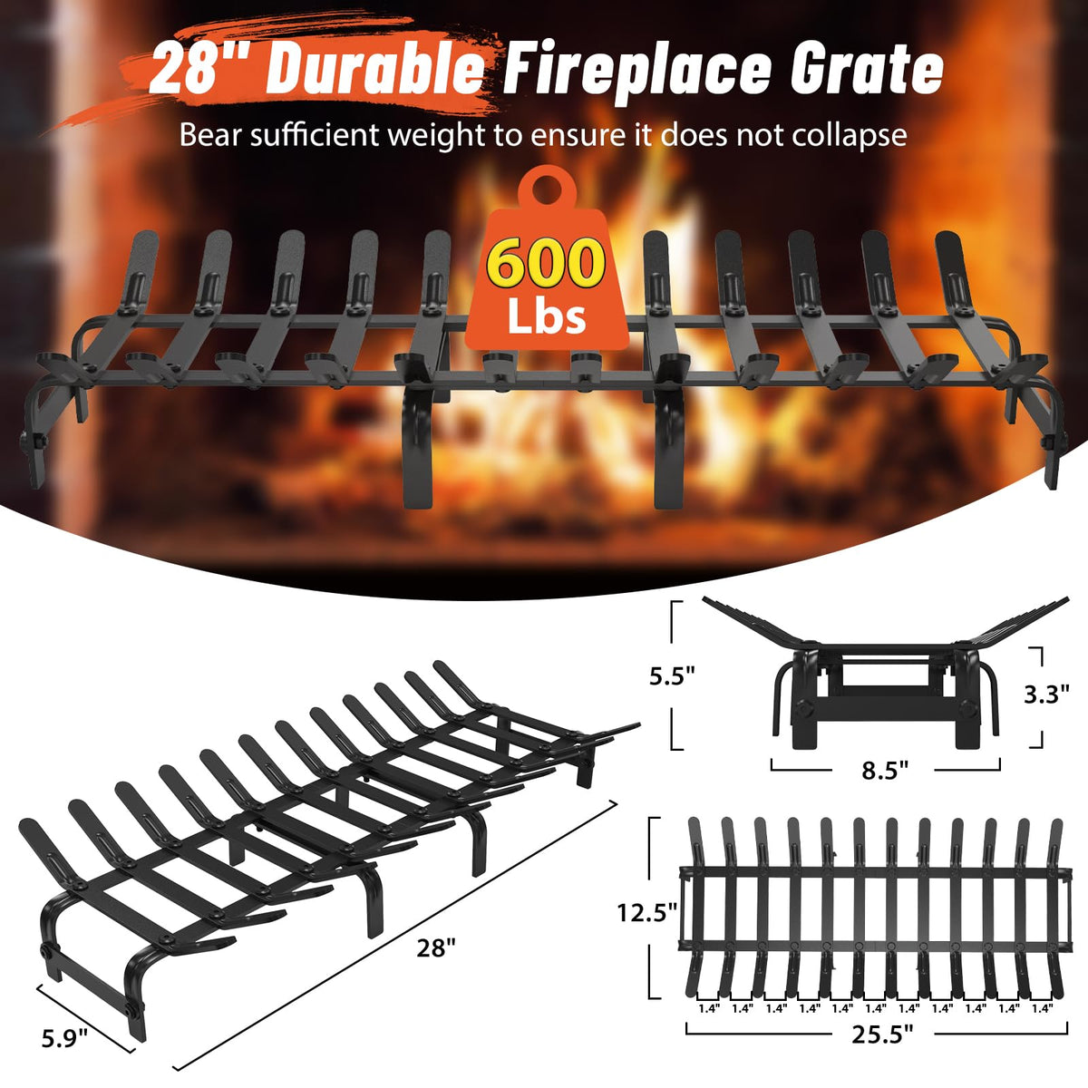 Black Steel Fireplace Grate 28 x 12.5 Inches O27019