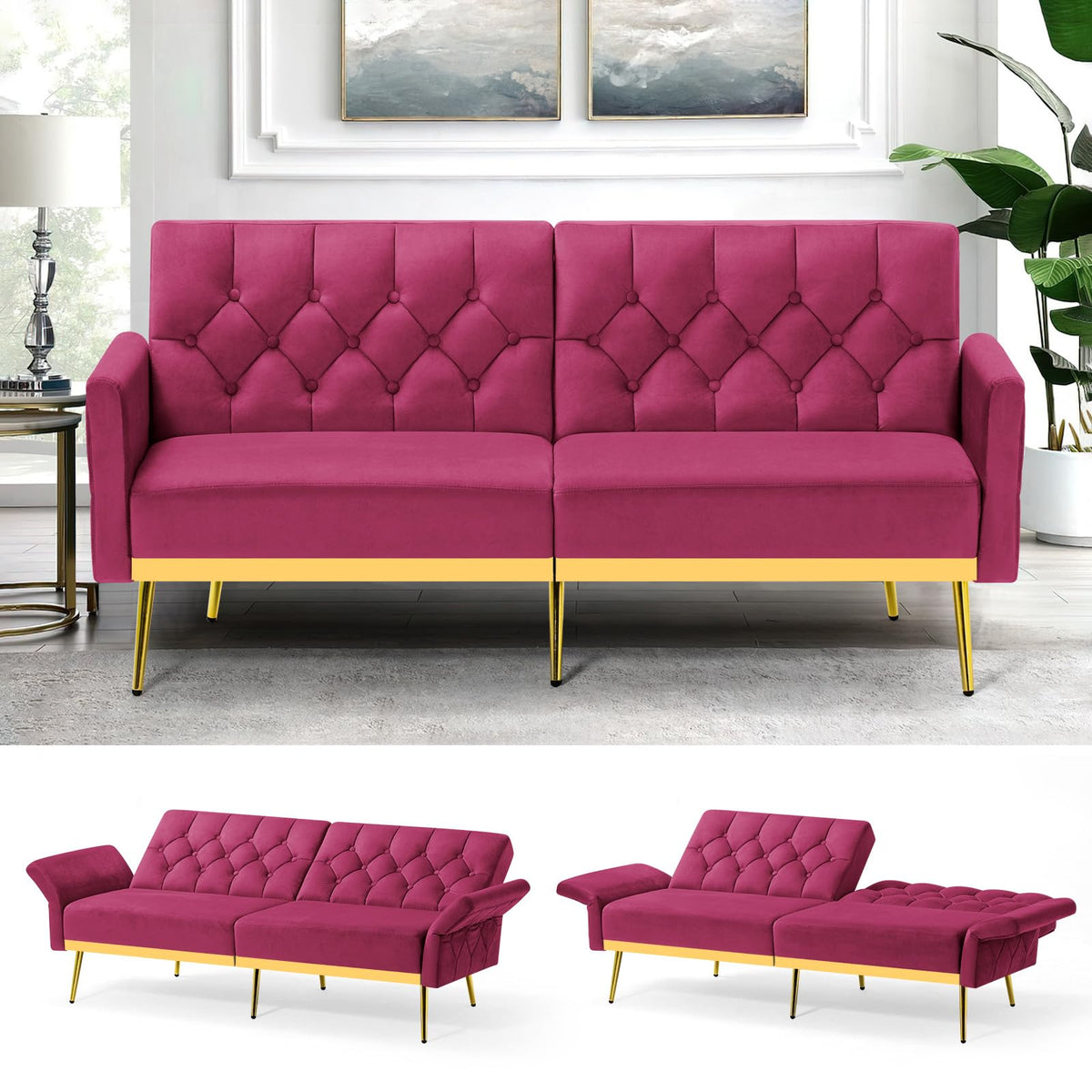 Velvet Sofa Bed with Adjustable Armrests & Backrests M608